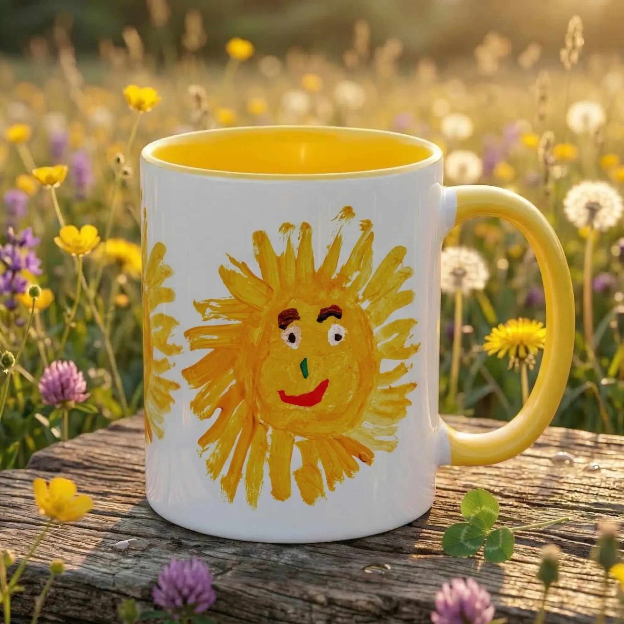 Front view of Yellow Sun Mug in white ceramic showing the joyful, warm-toned hand-painted sun artwork by young artist Mia Mai