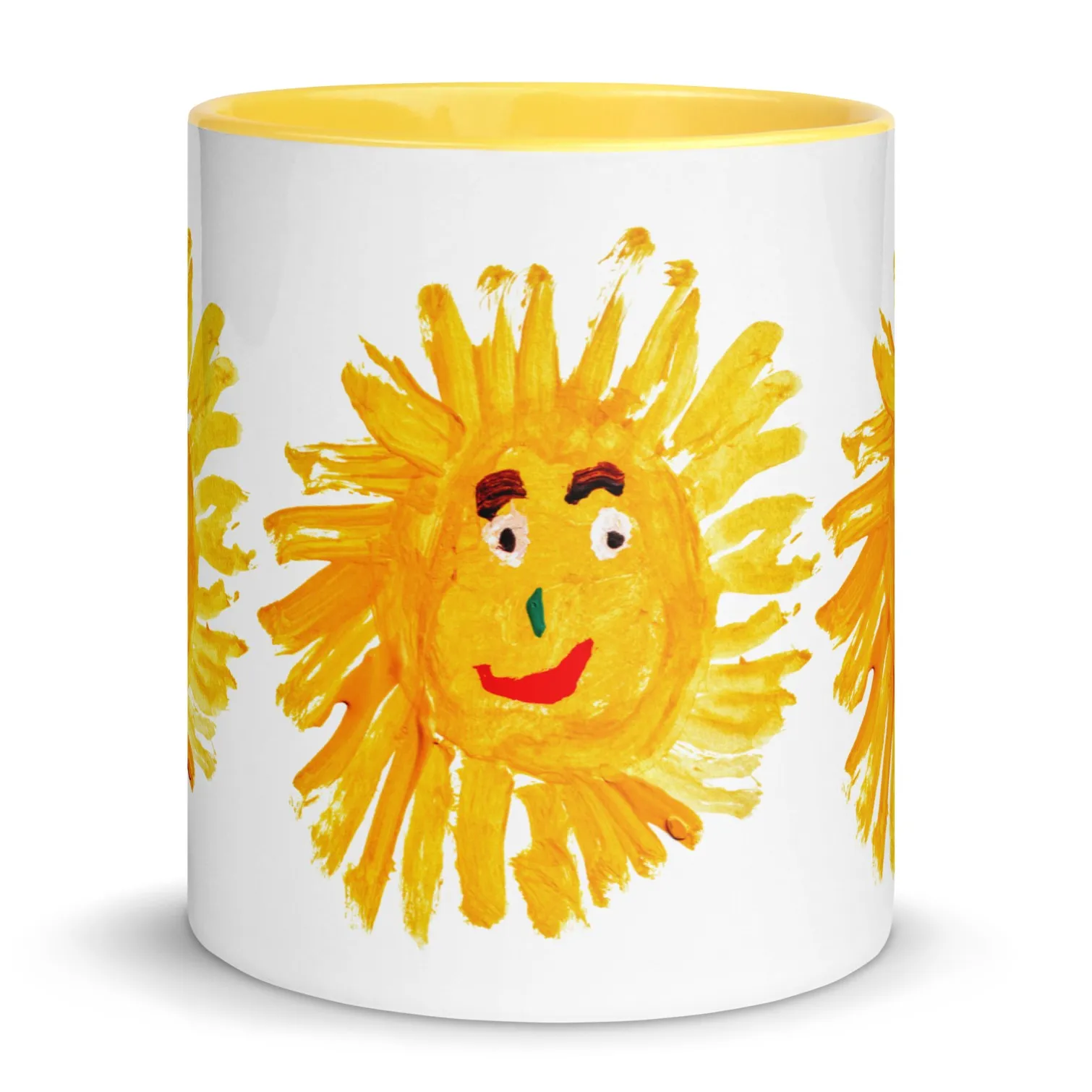 A cozy morning scene showing a person holding the warm Yellow Sun Mug filled with steaming hot chocolate