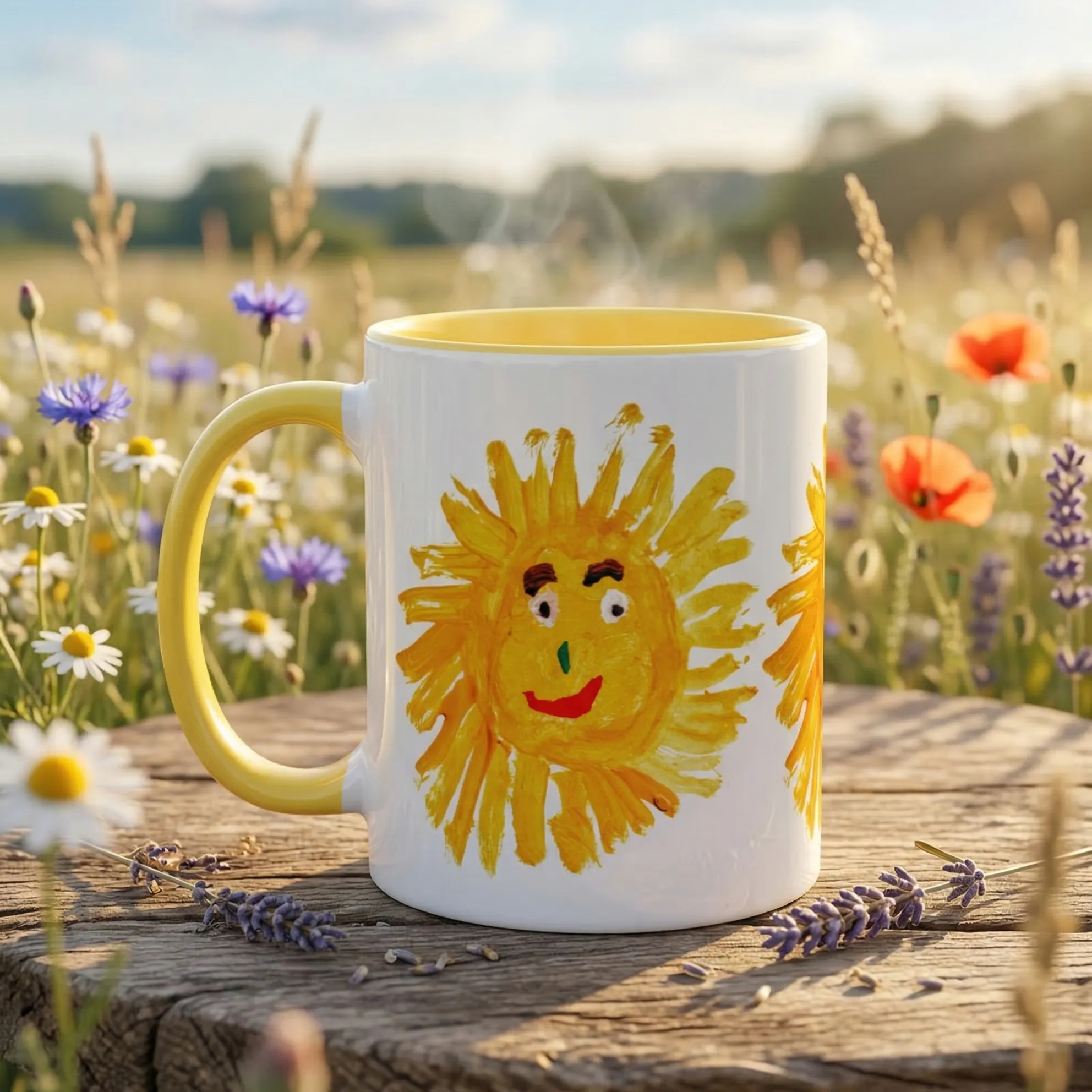 Top down look inside the white ceramic sun tea mug showing the smooth yellow painted interior and rounded rim