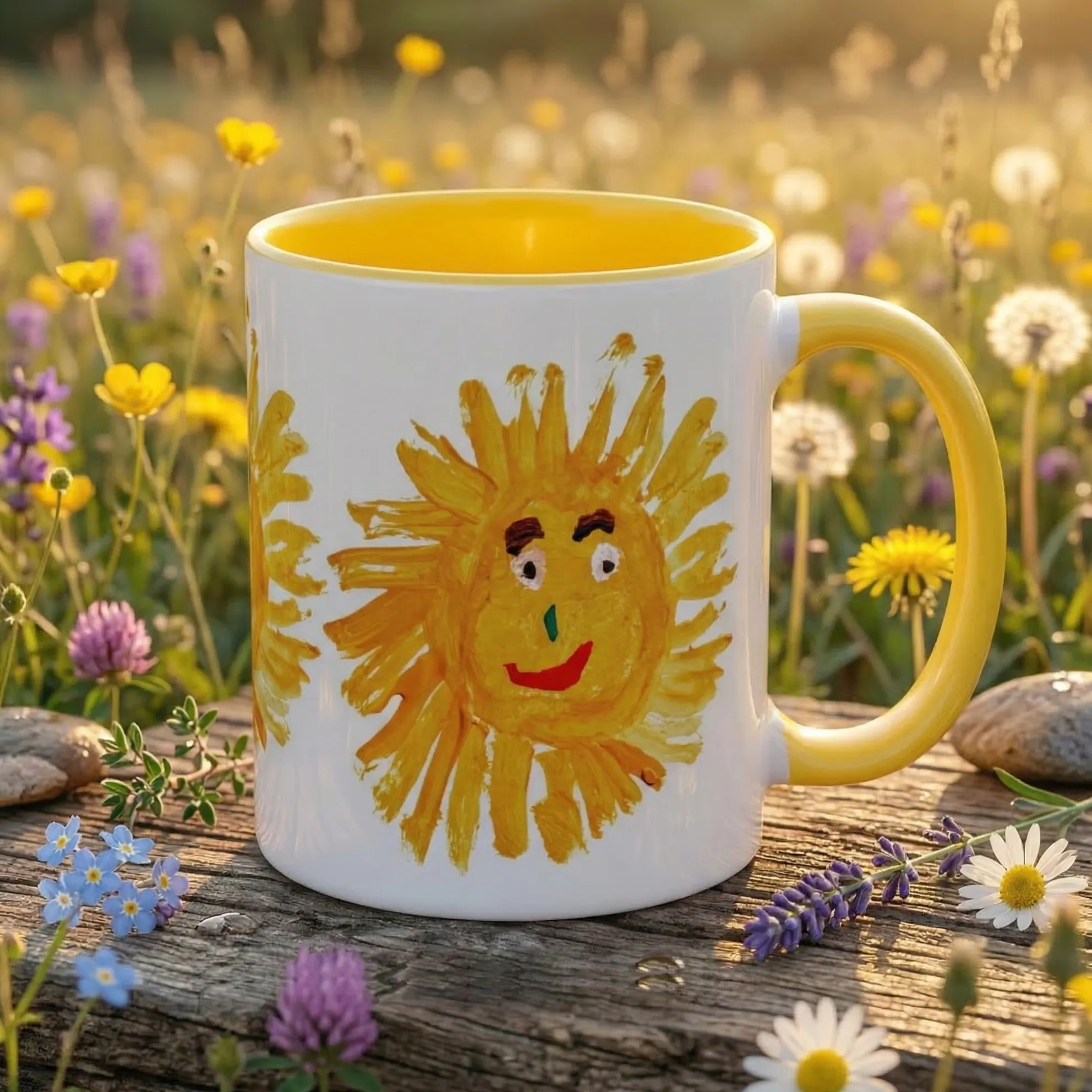 Base view of the original yellow sun ceramic art mug highlighting the clean flat bottom and premium quality glaze