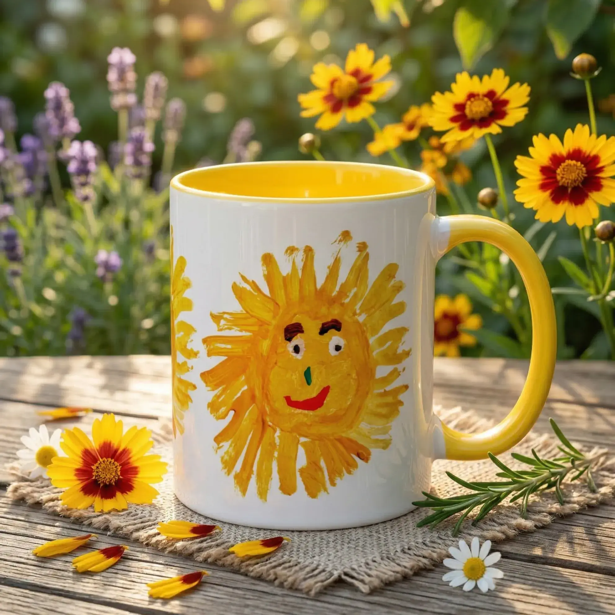 Faint angle profile of our custom yellow sun painted coffee cup with high gloss protective sublimation coating
